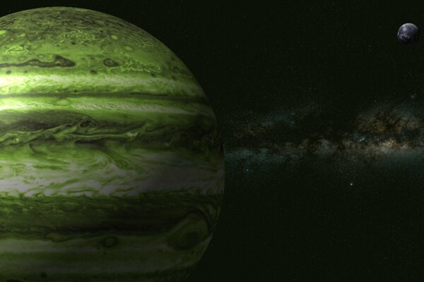 Green Jupiter with a satellite and a nebula