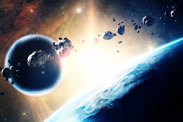 Asteroids in space among the planets