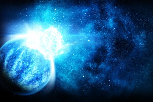 In the photo, a planet in blue space