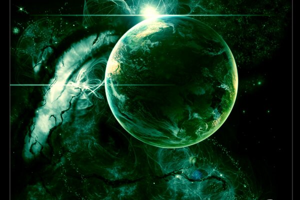 Space art with a green planet