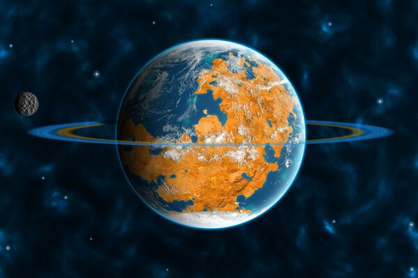 Un planeta con un anillo y su satélite en órbita