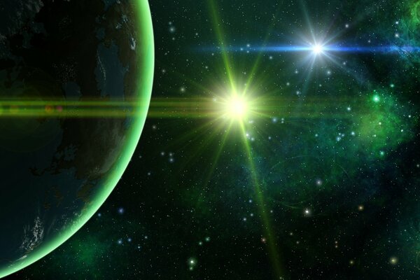 A planet in outer space with a bright green star