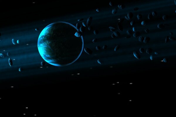 Wirbel von Steinen und Asteroiden um den Planeten