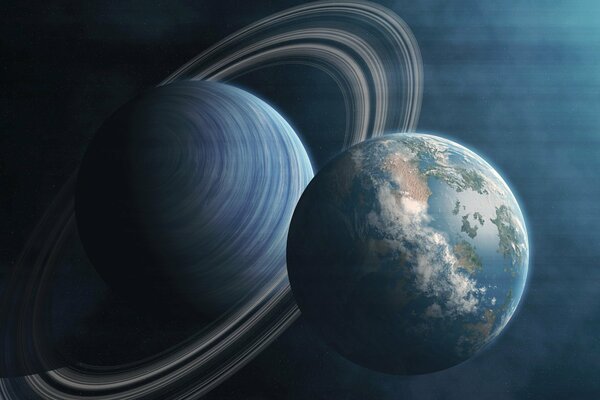 Saturn und Erde im Weltraum vor dem Hintergrund von Jupiter