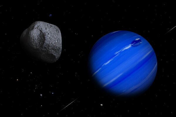 Planète et astéroïde sur fond cosmique noir