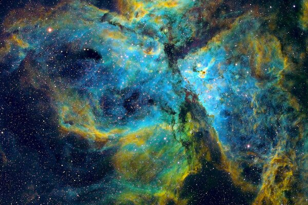 A cluster of stars creates a blue nebula