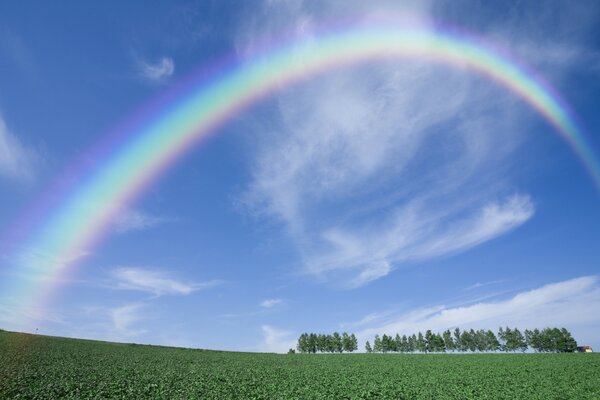 Klarer Himmel mit Regenbogenansicht von unten