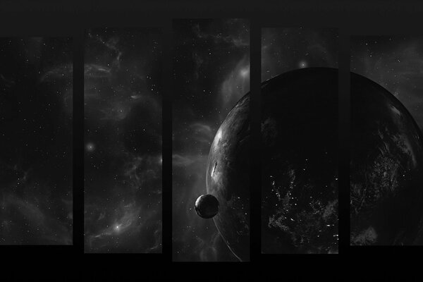 Planètes en noir et blanc dans l espace brumeux