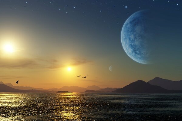 Planetas distantes y cielo estrellado bajo los rayos de dos soles en la orilla del mar