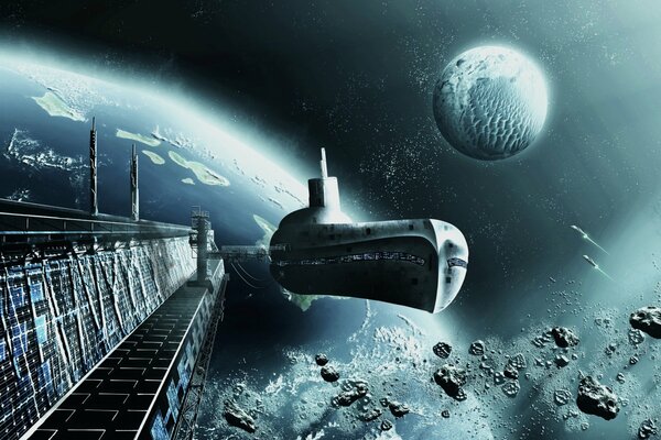 The spaceship of the future orbiting the planet