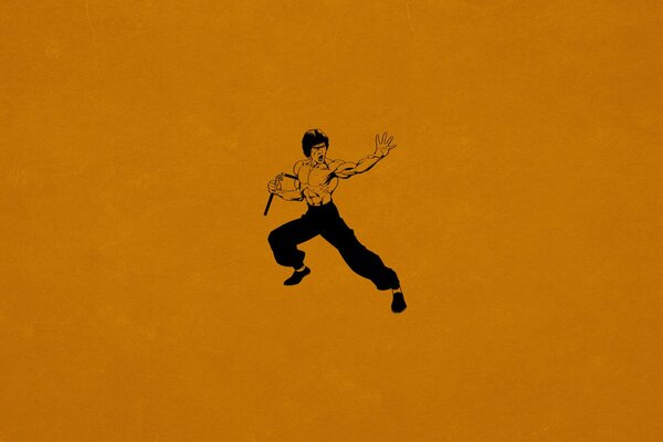 Bruce Lee with nunchucks on an orange background