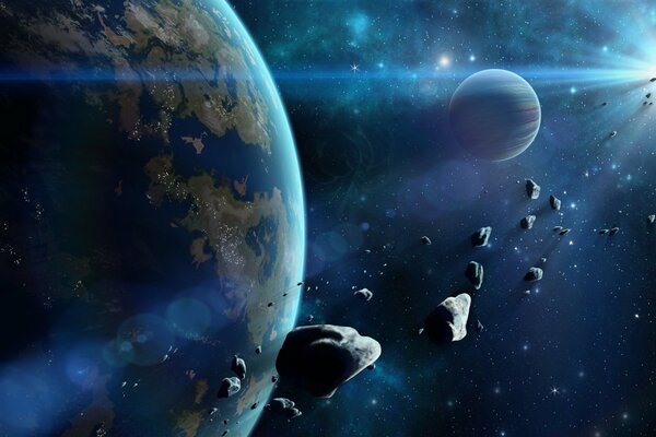 Planètes et astéroïdes volant dans une bande de lumière