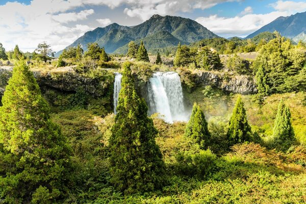 Waterfall on the slope of forests and mountains