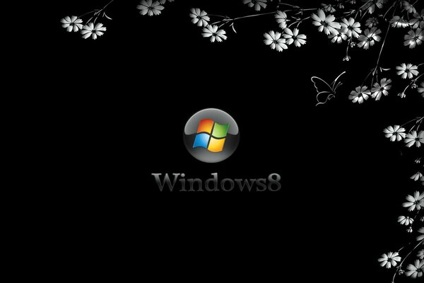 Logotipo de Windows 8 sobre fondo negro con flores