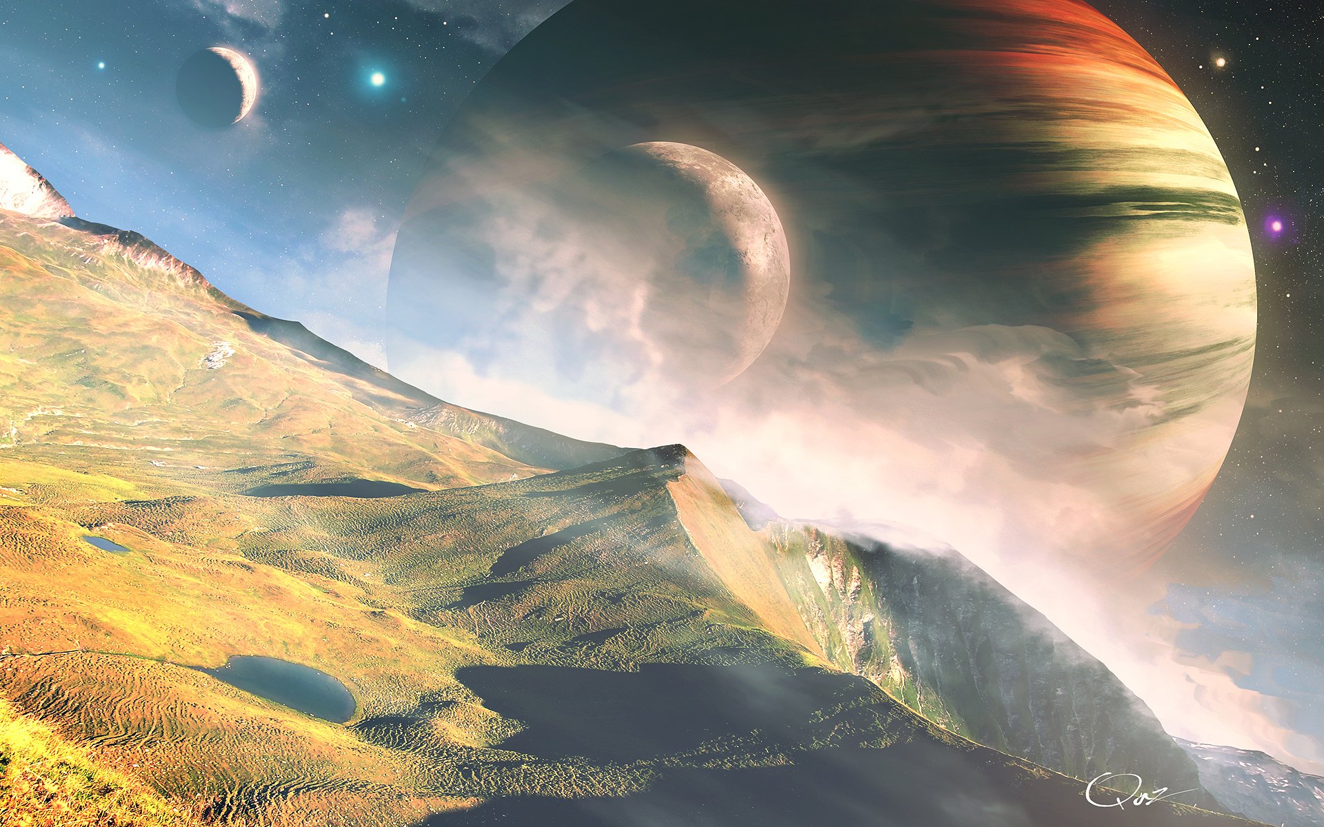 planets space mountains landscape