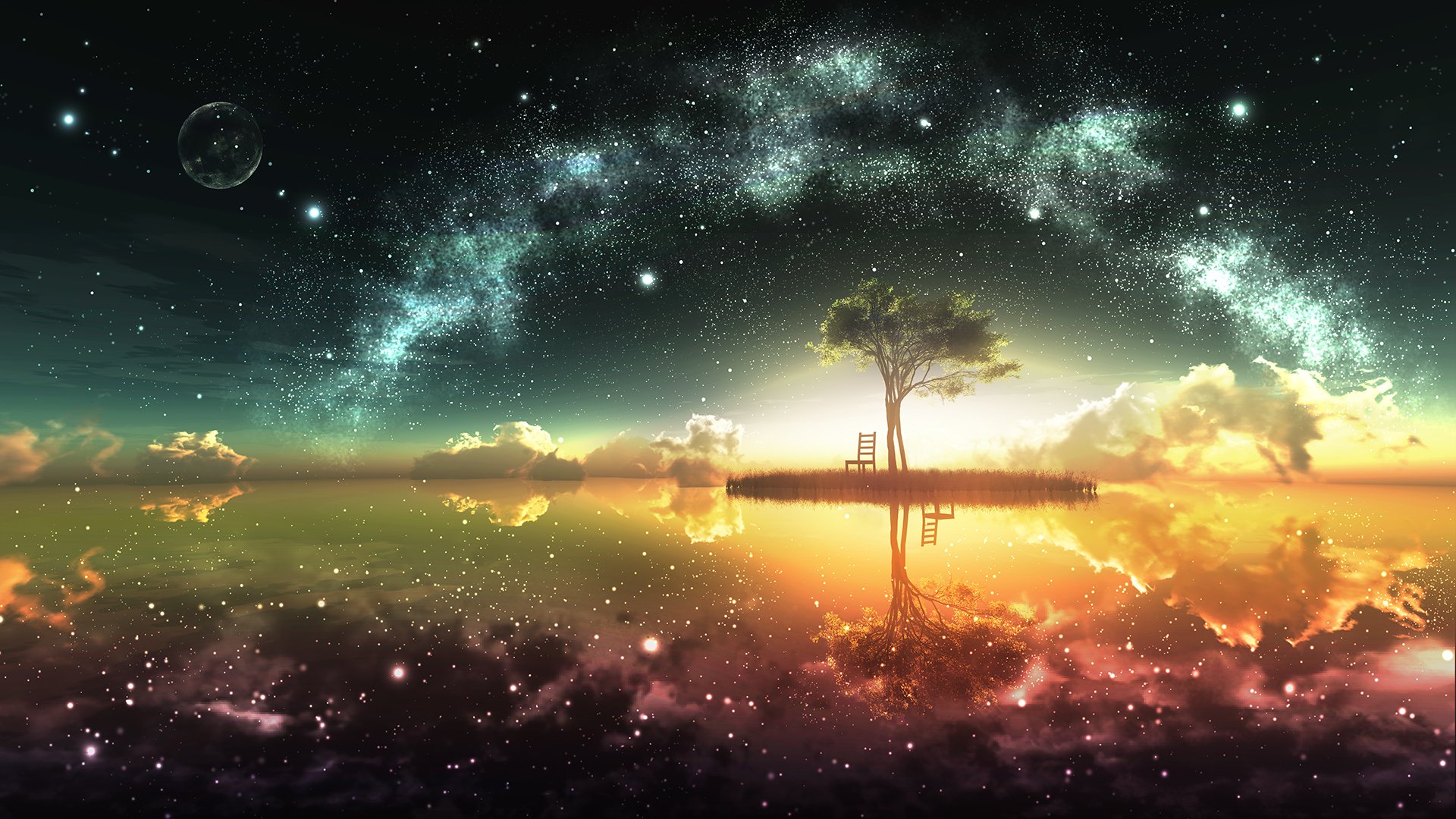 art y-k sky star reflection tree land moon island sun clouds chair horizon