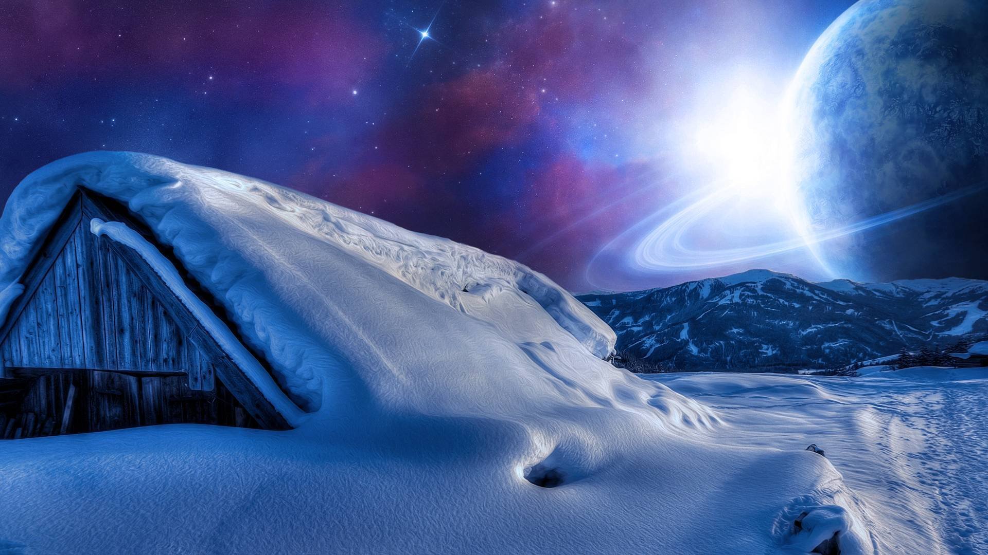 maison neige planète ciel étoile nuit montagnes