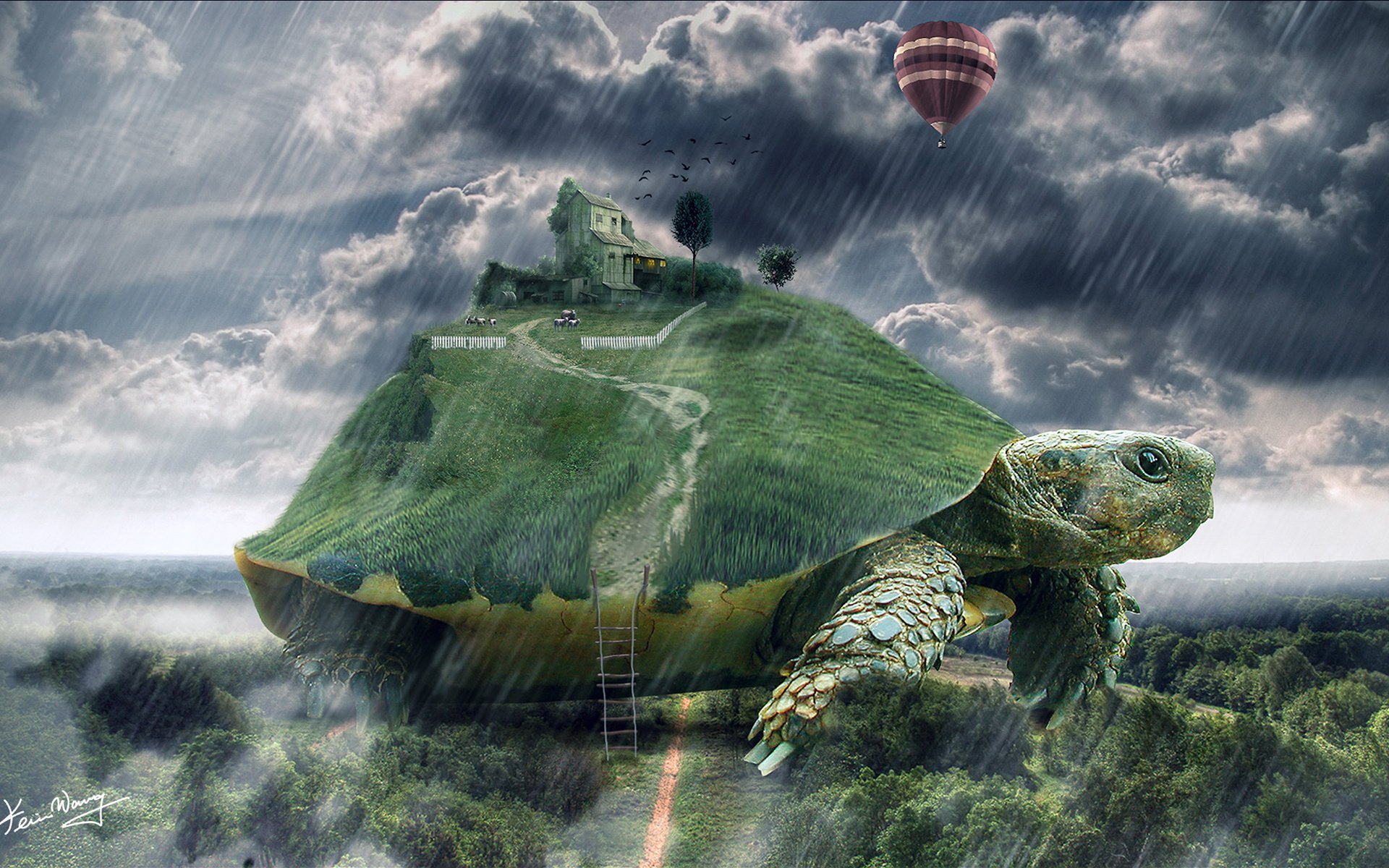 ladder house turtle giant art rain