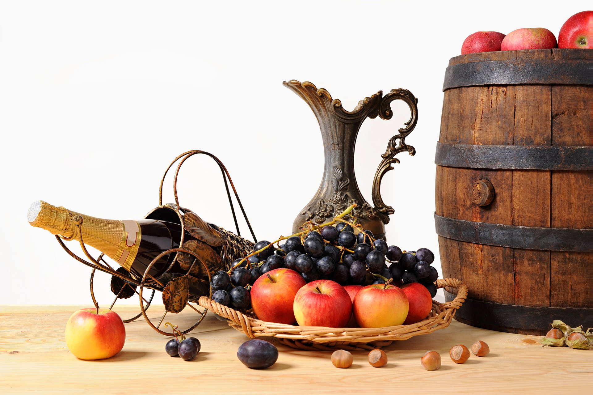 barrel basket fruit grapes pitcher apple