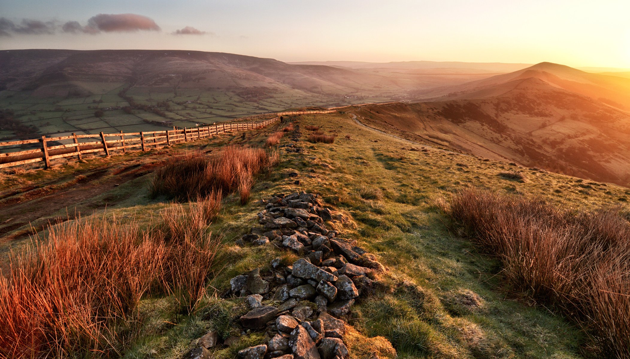 pring fences morning hills stones valley