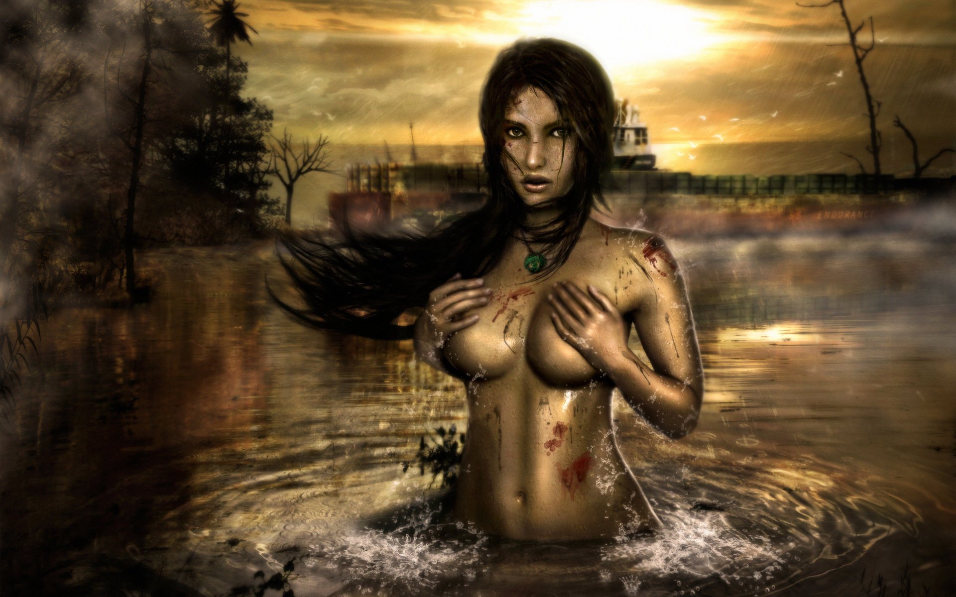 tomb raider brouillard fanart fille eau sang lara croft pluie