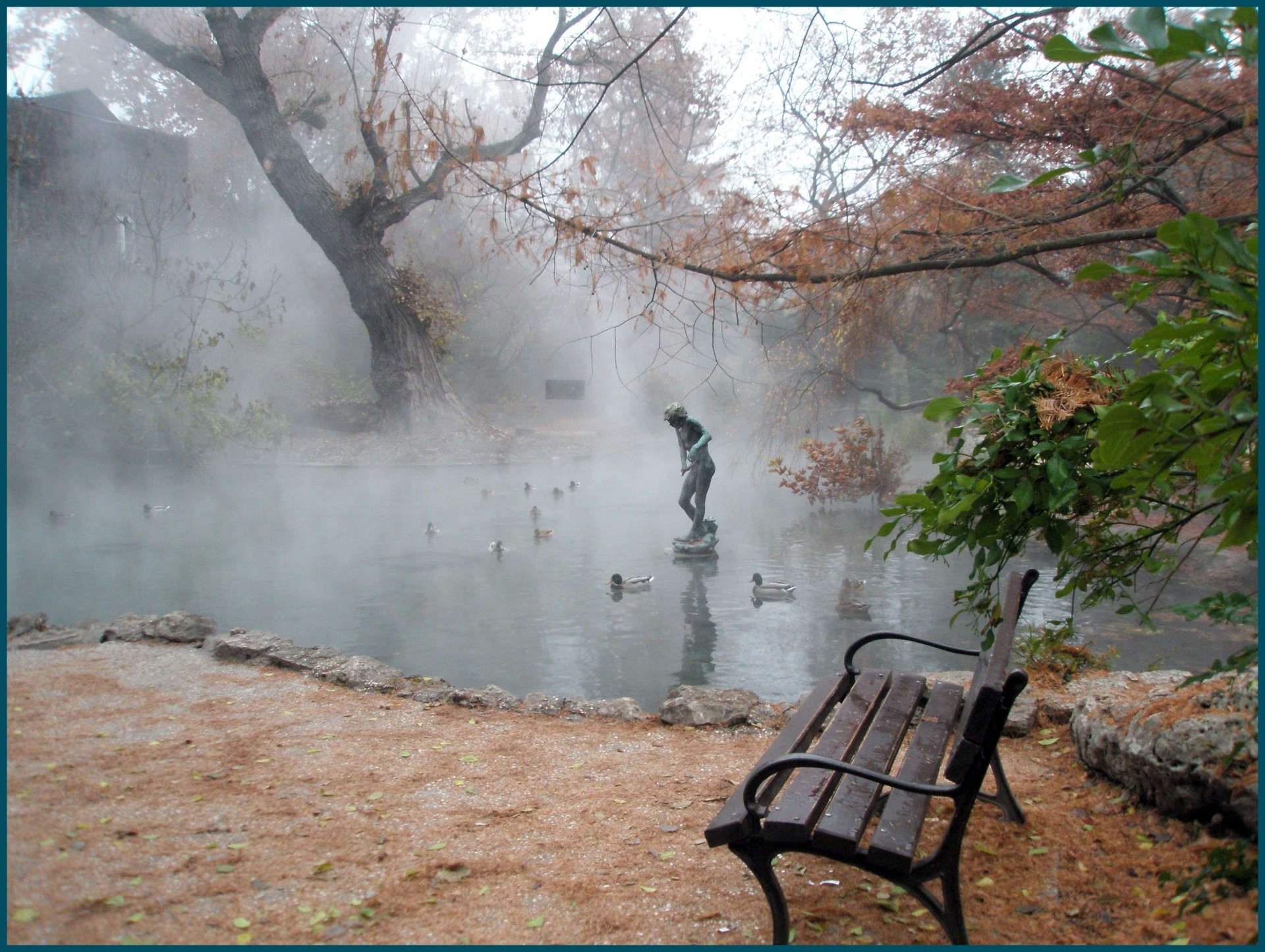 fog park morning statue bench