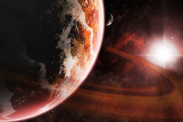 A red planet surrounded by a ring and a flying traveler on the background of a glowing star