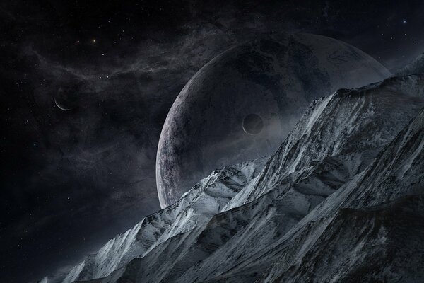 Серые скалы на фоне черного неба с огромной планетой