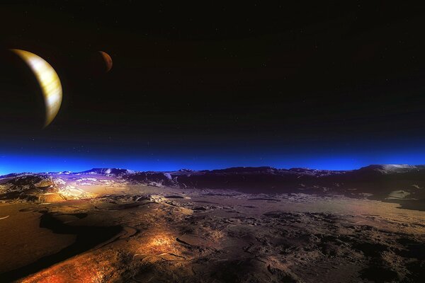 Mond am Nachthimmel auf dem Hintergrund der Wüste Erde