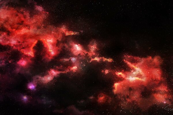 Space. Red blurry nebula