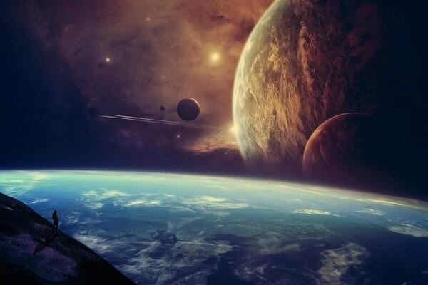 L homme dans l espace observe les planètes, les étoiles , les navires