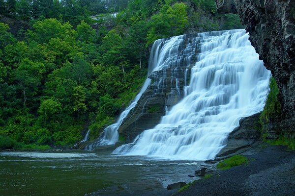 Kaskadierender Wasserfall inmitten des Waldes