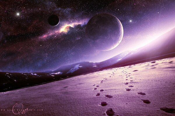 A wonderful landscape in cosmic shades of purple