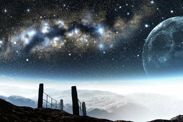 Surreal space landscape over snow-capped mountains