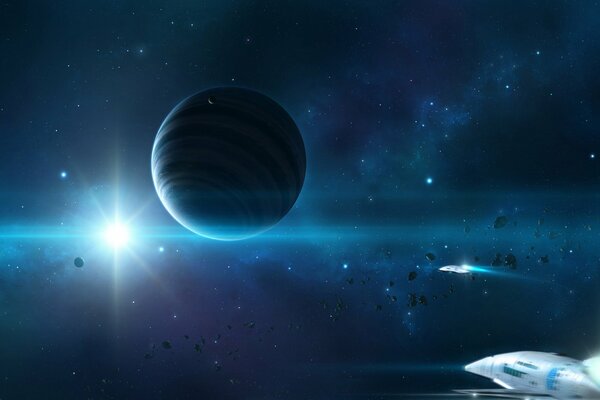 Vaisseau spatial blanc vole vers la planète bleue sur fond d étoile