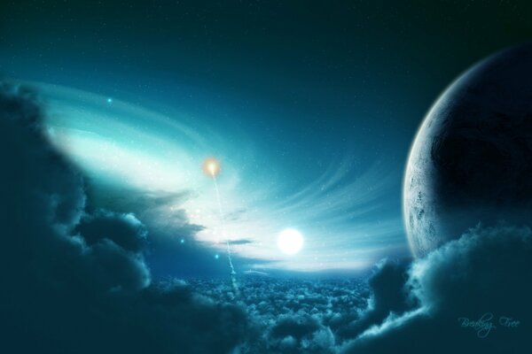 Fantástico dibujo de un planeta en el fondo de las nubes