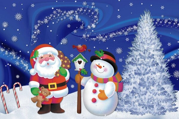 Noworoczny wygaszacz ekranu śnieg Święty Mikołaj i bałwan