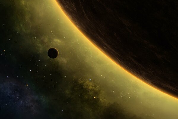 Złoty blask promieniujący z planety w kosmosie