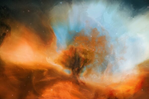 A nebula shimmering with a warm orange glow