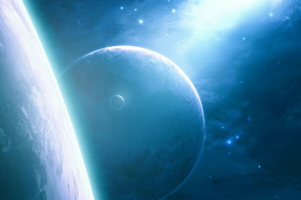 Dwie planety i niebieska poświata kosmosu