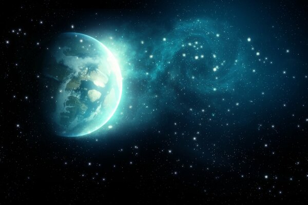 Planète avec une lueur bleue sur fond de ciel étoilé