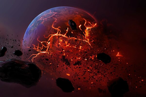 Destruction de la planète par des astéroïdes de l espace