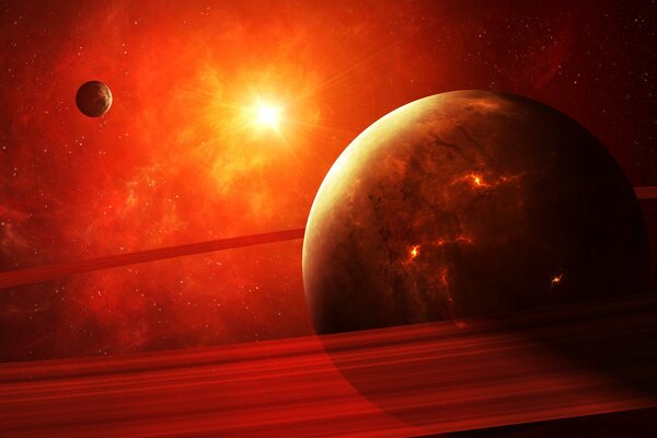 Большая планета на красном фоне, окруженная кольцом, вдали маленькая планета