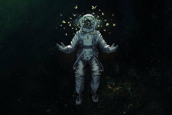 Astronaut in a spacesuit with butterflies in space