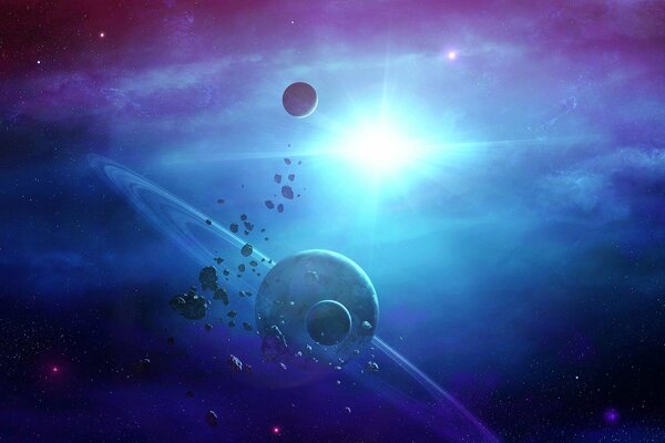Arte sobre el tema espacial con varios planetas y asteroides