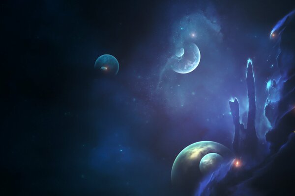 Арт космическую тему с синими планетами и звездами