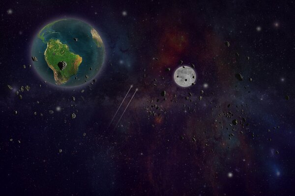 Planet Erde und Satellit Mond im Meteoritenraum