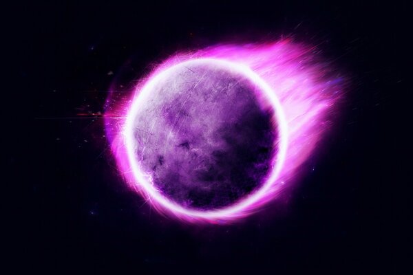 A flying lilac planet in a glowing halo on a black background