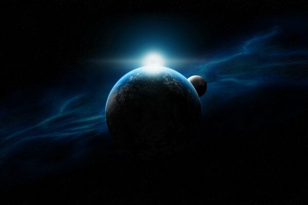 La lumière se fraye un chemin sur une planète avec un satellite