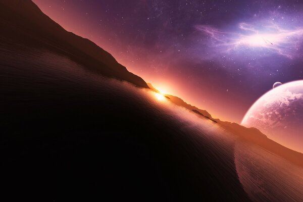 Space. A big planet. Sunset view